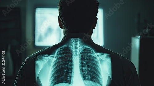 Doctor with radiological chest x-ray film for medical diagnosis on patienta??s health on asthma, lung disease, and bone cancer illness, healthcare hospital service concept. photo