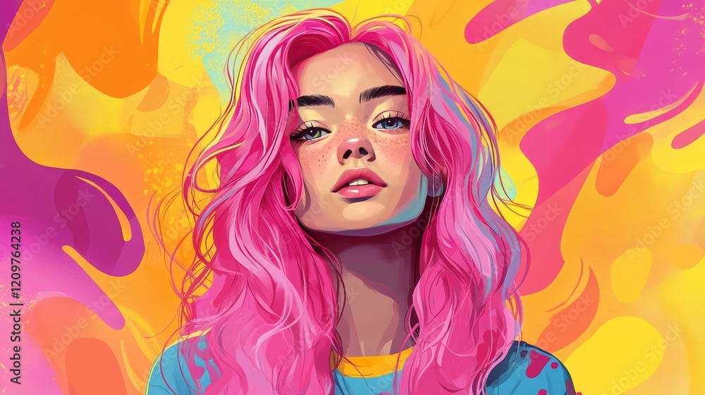 Obraz premium anime portrait of girl with pink hair, cheerful and vibrant, bright background, hand-drawn and detailed, inviting atmosphere