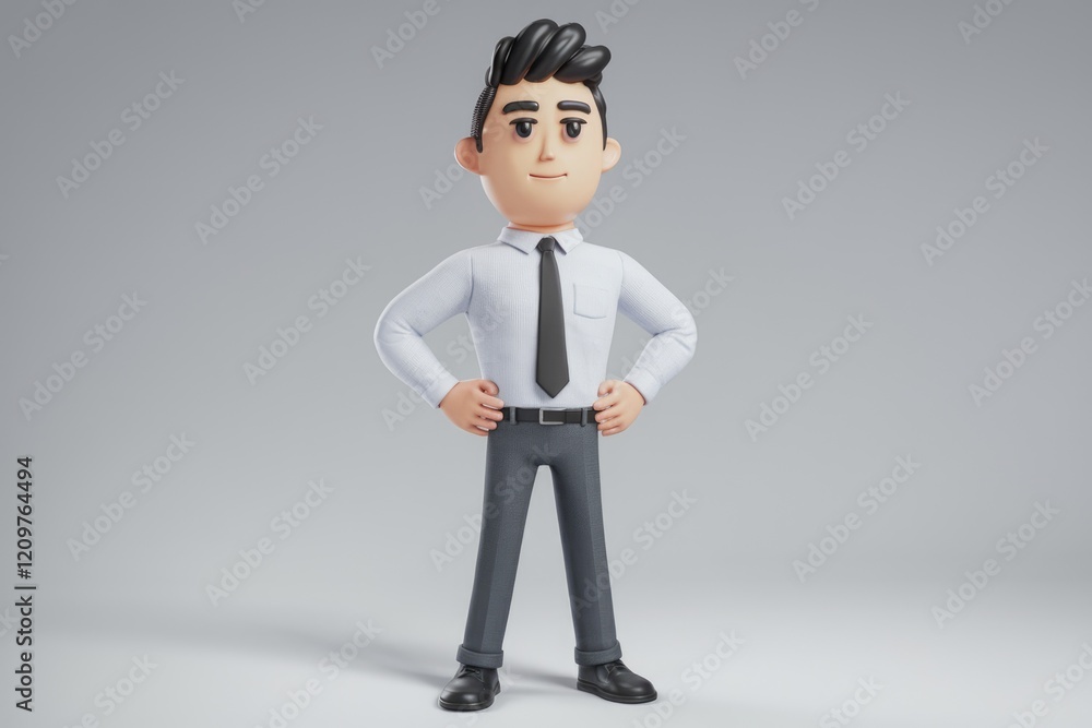 A 3D cartoon rendering of a confident businessman standing with hands on hips. A 3D cartoon rendering of a confident businessman standing with hands on hips.