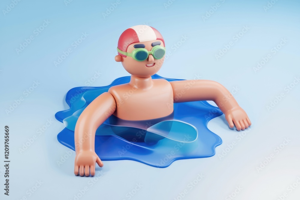 A 3D rendered illustration of a swimmer relaxing in a pool, wearing a swim cap and goggles. A 3D rendered illustration of a swimmer relaxing in a pool, wearing a swim cap and goggles.