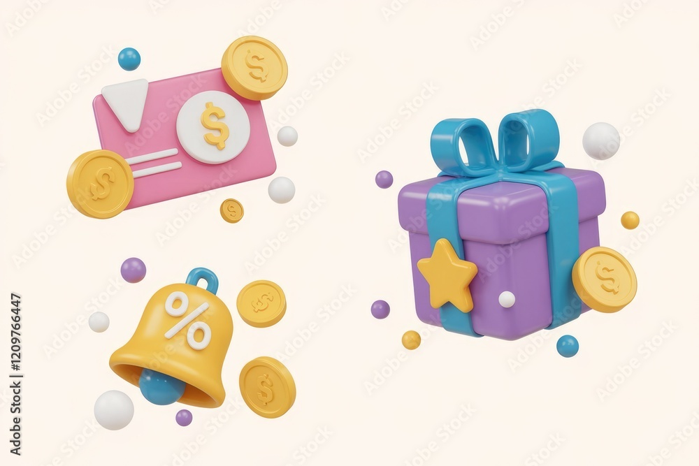 3D render of gift box, discount bell, and money envelope showing online shopping promotions. 3D render of gift box, discount bell, and money envelope showing online shopping promotions.