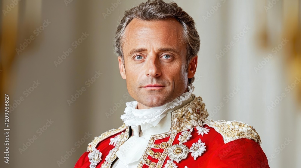 Man in historical red coat, serious expression, palace backdrop; period drama portrait Man in historical red coat, serious expression, palace backdrop; period drama portrait