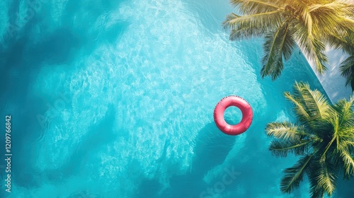 Aerial View of Pristine Swimming Pool with Inflatable Float and Palm Trees