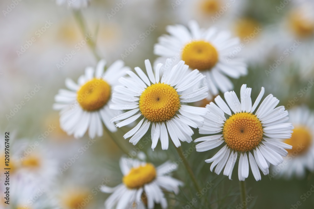Close-up of several daisies in a field, showcasing their delicate white petals and bright yellow centers. Close-up of several daisies in a field, showcasing their delicate white petals and bright yellow centers.