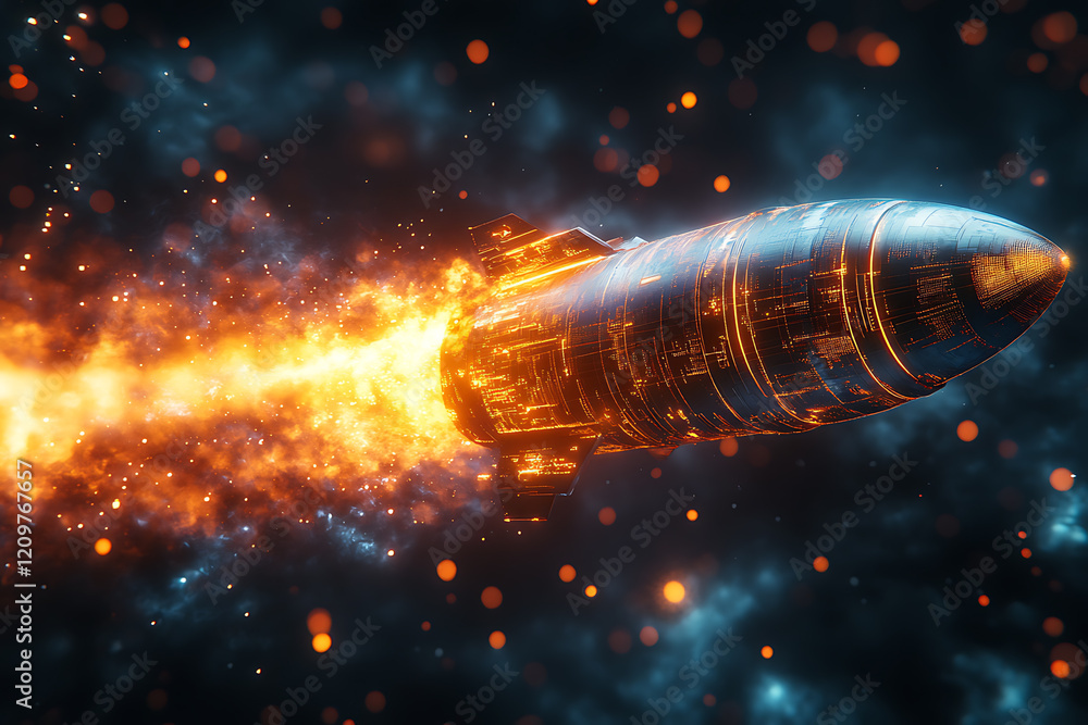 Neon illustration of a rocket with abstract digital lines and data-inspired elements, cyberpunk theme, bright orange and blue glow, high detail, artistic and futuristic aesthetic. Neon illustration of a rocket with abstract digital lines and data-inspired elements, cyberpunk theme, bright orange and blue glow, high detail, artistic and futuristic aesthetic.