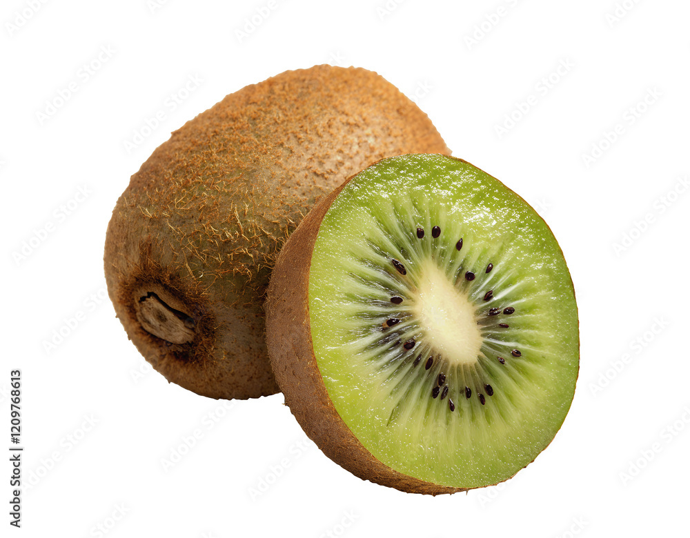 Obraz premium Fresh kiwi fruit isolated on a white transparent background, whole and sliced, vibrant green with tiny black seeds, perfect for food packaging, healthy eating blogs, restaurant menus, digital design