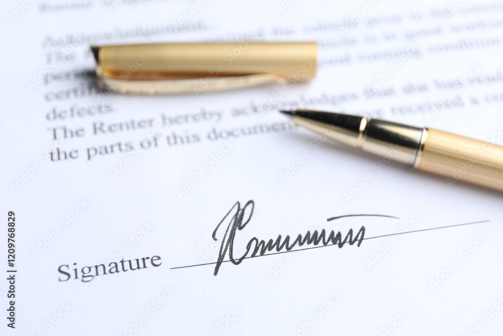 Ballpoint pen and signature on contract, closeup Ballpoint pen and signature on contract, closeup