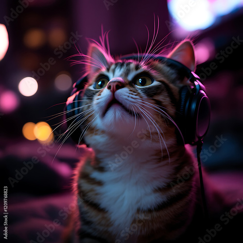 A Curious Cat in Headphones Captivated by the Sounds of a Colorful Night Cityscape