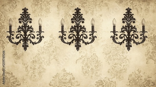 Three ornate black candelabras on textured beige background with decorative floral pattern photo