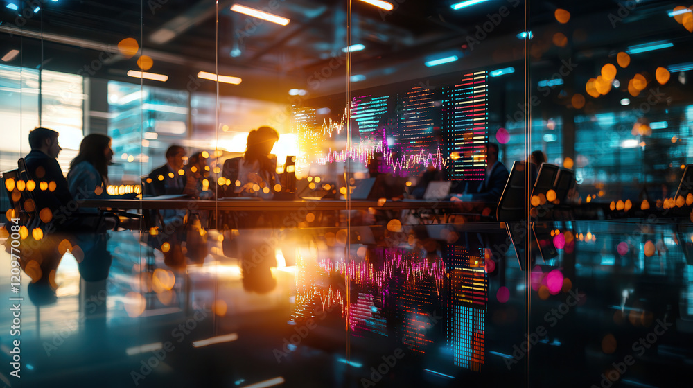 Obraz premium futuristic meeting room with glowing holographic data displays, vibrant lighting, and collaborative atmosphere