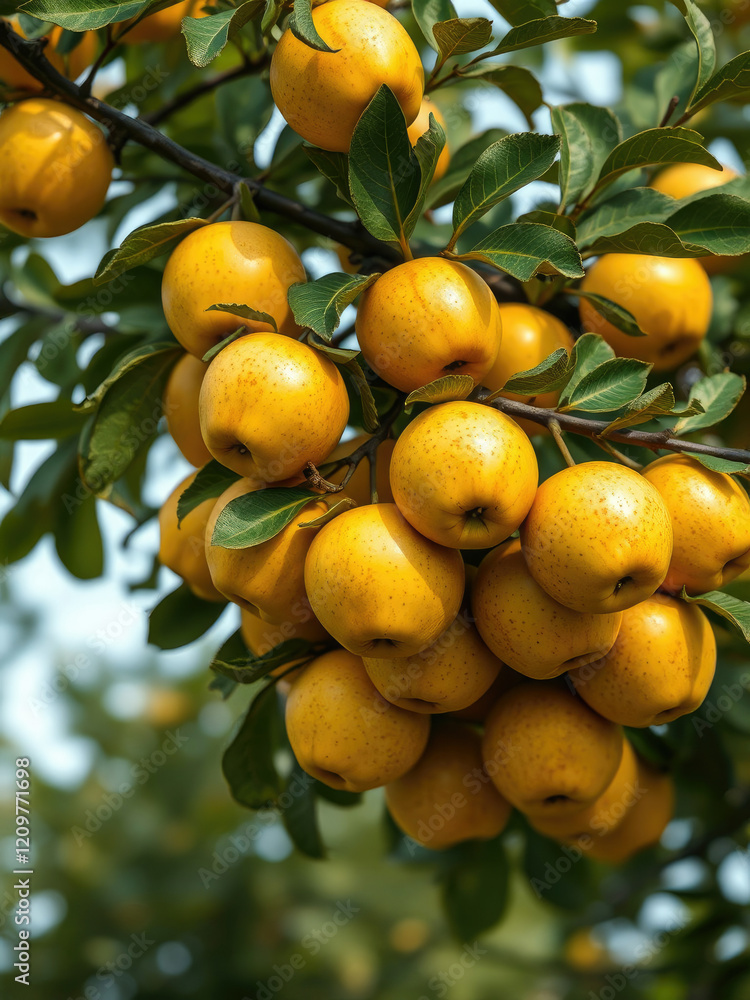 Closeup of organic yellow apples growing on tree branch, natural, farm Closeup of organic yellow apples growing on tree branch, natural, farm