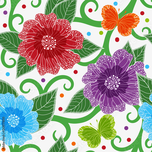 Vector illustration colorful seamless floral pattern. Floral organic background with dotted flowers and leaves and butterflies. For textile, wallpaper and packaging.