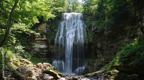 Waterfall Cascading Through Lush Forest