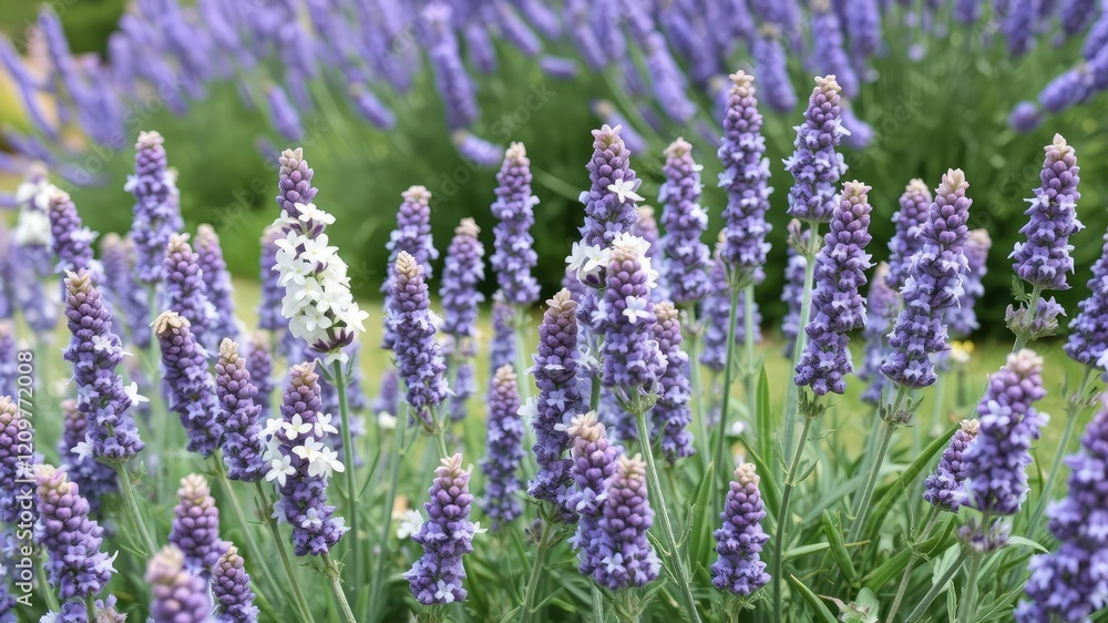 Cluster of white lavender flowers in a garden landscape, lavender field, nature scene Cluster of white lavender flowers in a garden landscape, lavender field, nature scene