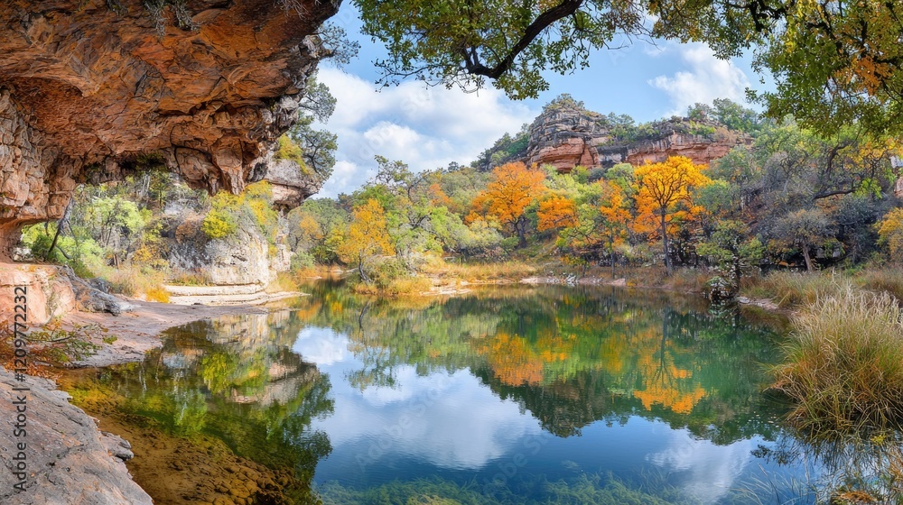 Autumn lake reflection in mountain valley. Peaceful nature scene for travel brochure Autumn lake reflection in mountain valley. Peaceful nature scene for travel brochure