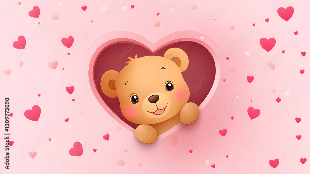 Cute cartoon bear peeking through heart shaped hole, surrounded by pink hearts, creating joyful and loving atmosphere. Perfect for Valentine Day or children themes Cute cartoon bear peeking through heart shaped hole, surrounded by pink hearts, creating joyful and loving atmosphere. Perfect for Valentine Day or children themes