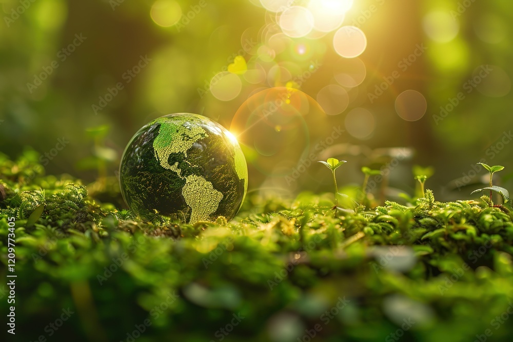 Earth Day - Environment - Green Globe In Forest With Moss And Defocused Abstract Sunlight Earth Day - Environment - Green Globe In Forest With Moss And Defocused Abstract Sunlight