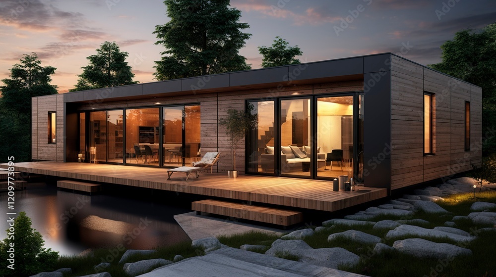 Fototapeta premium A photo of a Prefab House Emphasizing Efficient