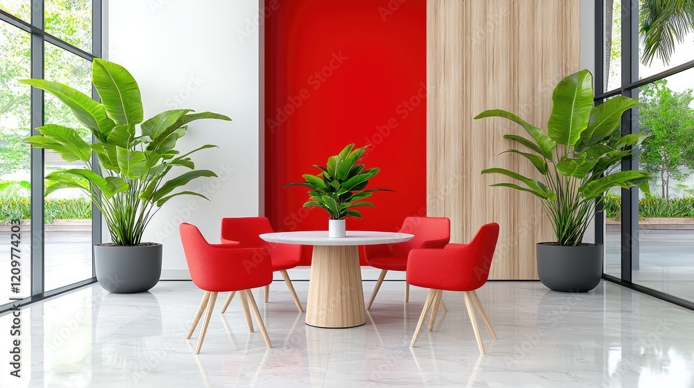 Fototapeta premium Red modern chairs and a round wooden table stand in a bright office lobby with large windows and green plants.