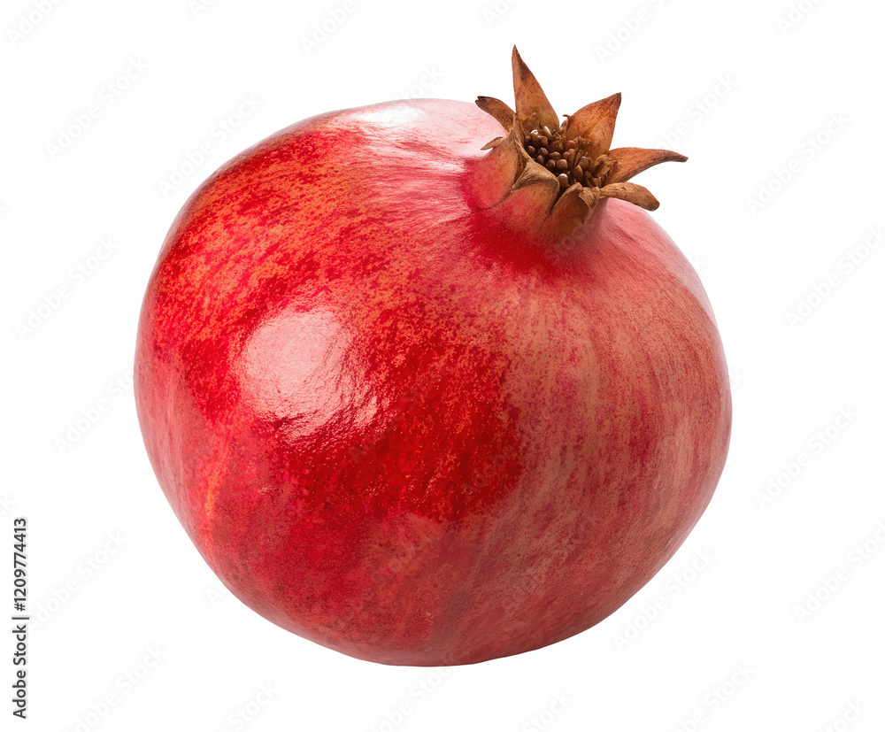 Close-up of a fresh pomegranate with a clear white background, featuring an isolated cutout that showcases its rich red color and detailed texture, perfect for food or health-related content Close-up of a fresh pomegranate with a clear white background, featuring an isolated cutout that showcases its rich red color and detailed texture, perfect for food or health-related content