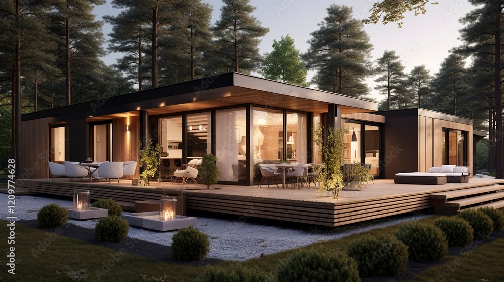 Fototapeta premium A photo of a Prefab House Emphasizing Efficient