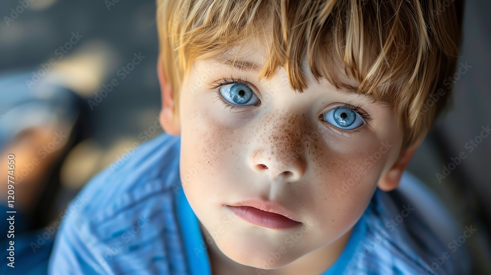 A close-up portrait of a young boy with blue eyes and freckles, looking up with a thoughtful expression. A close-up portrait of a young boy with blue eyes and freckles, looking up with a thoughtful expression.