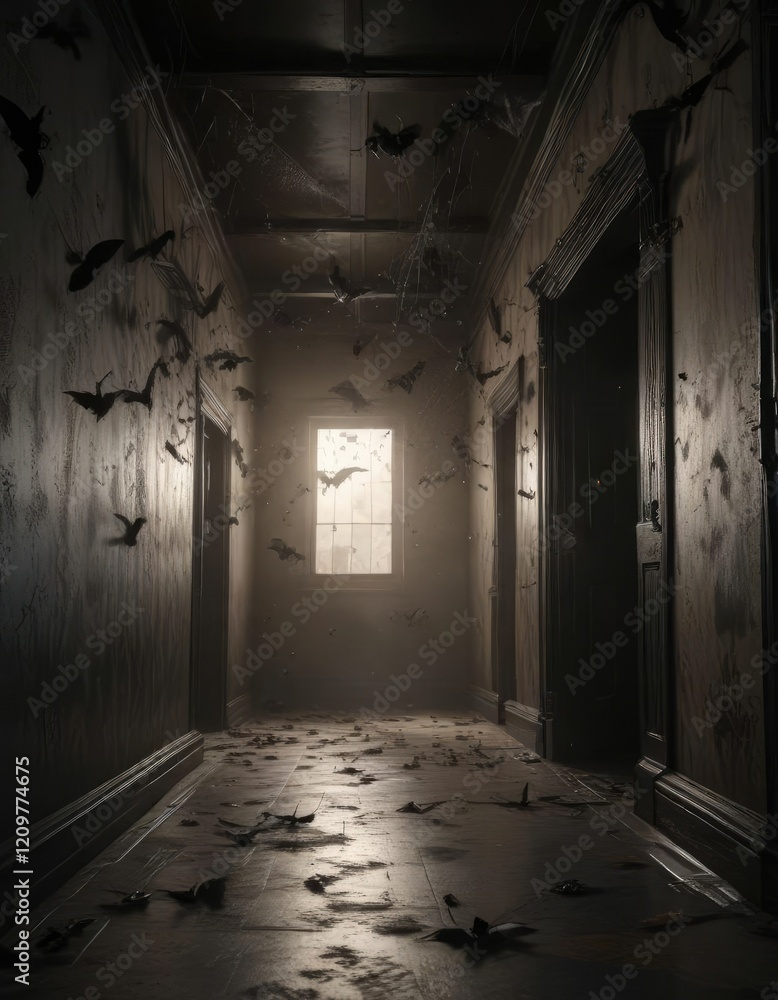 Dark hallway with cobwebs and bats flying in the air, creepy crawlies, dim lighting Dark hallway with cobwebs and bats flying in the air, creepy crawlies, dim lighting