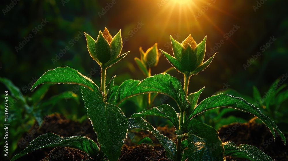 Fototapeta premium Young green seedlings grow from fertile soil, illuminated by the warm golden glow of a bright sunburst in a dark natural environment.
