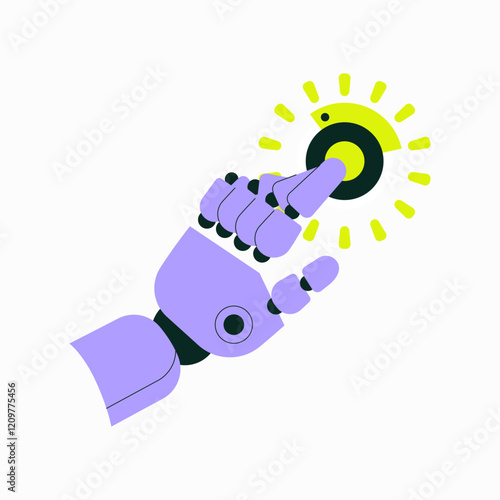 Robotic Hand Pressing Button In Flat Vector Illustration Symbolizing Automation, Technology, And Artificial Intelligence, Isolated On White Background.