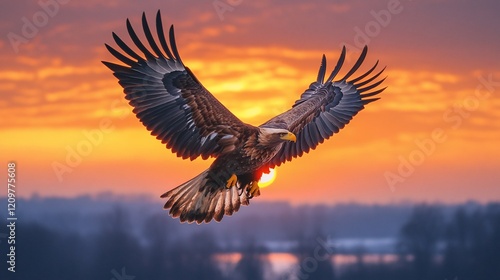 Majestic eagle in flight at sunset.