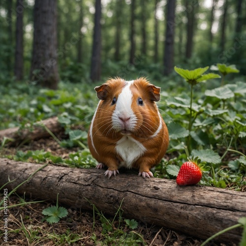 A guinea pig enjoying a strawberry while sitting on a log in a forest glade.
