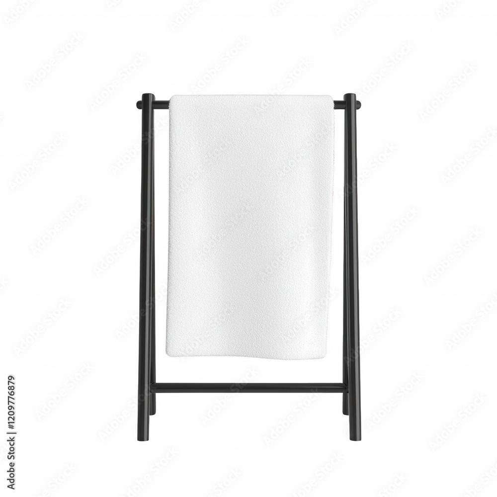 Minimalist towel rack with a crisp white towel displayed elegantly. Minimalist towel rack with a crisp white towel displayed elegantly.