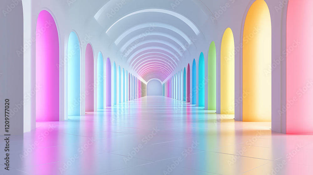 Neon tunnel with multicolored lights creating a futuristic and psychedelic atmosphere.Abstract pastel background in 80s nostalgia style Neon tunnel with multicolored lights creating a futuristic and psychedelic atmosphere.Abstract pastel background in 80s nostalgia style