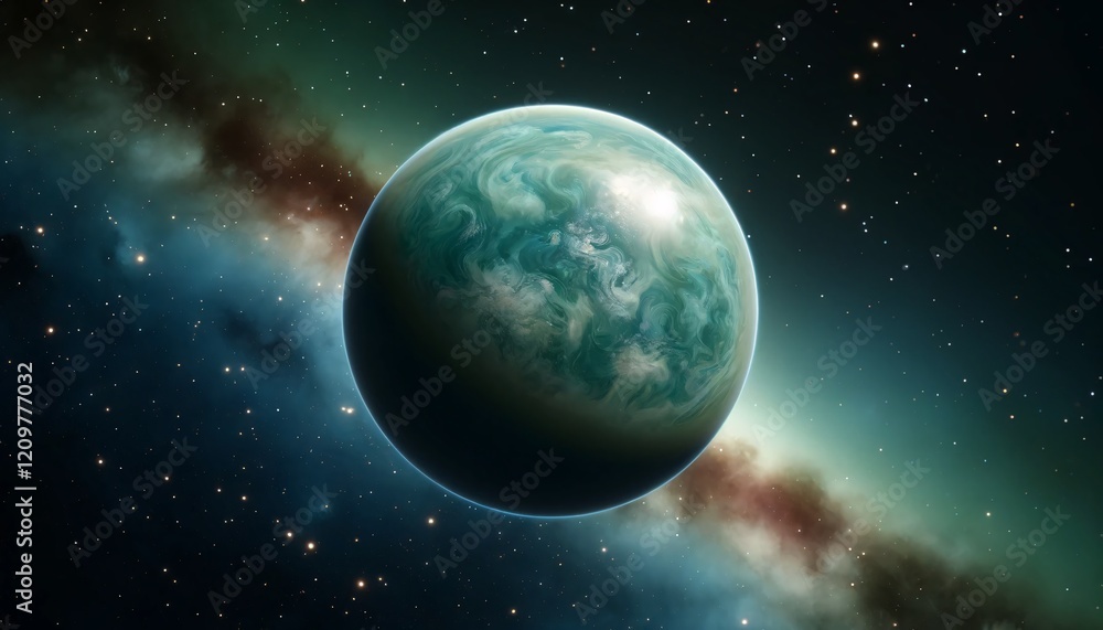 Fototapeta premium Green planet with swirling cosmic clouds