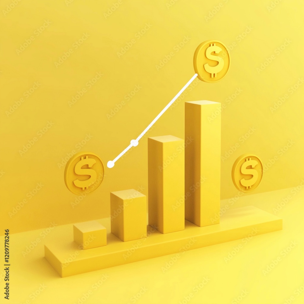 Histogram line chart of dollar on yellow background, up arrow increasing currency growth, chart, dollar growth Histogram line chart of dollar on yellow background, up arrow increasing currency growth, chart, dollar growth