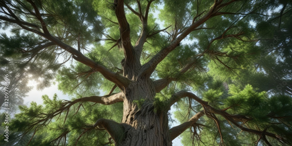 Fototapeta premium Evergreen tree with branches stretching towards the ceiling and lush green needles , evergreen tree, snow covered, winter wonderland