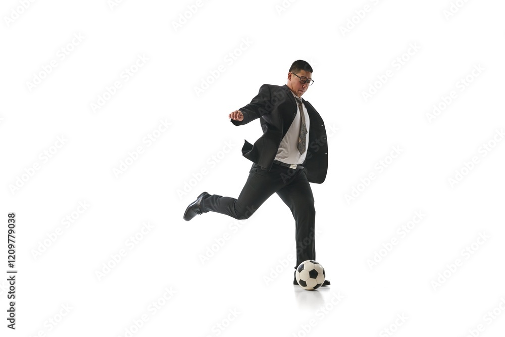 Businessman in suit poised to kick soccer ball with precision, demonstrating focus, energy, and result-driven action against white studio background. Concept of business, leadership, multitasking. Businessman in suit poised to kick soccer ball with precision, demonstrating focus, energy, and result-driven action against white studio background. Concept of business, leadership, multitasking.