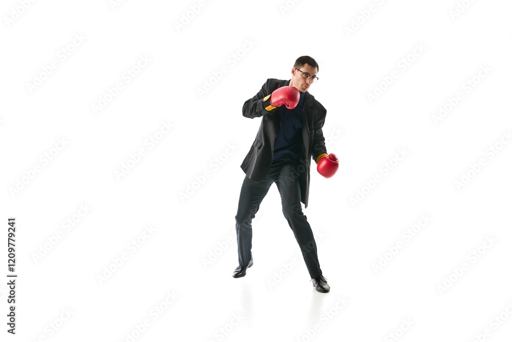 Professional in suit, wearing red boxing gloves, symbolizing resilience, readiness to face challenges head-on, and strategic adaptability. Concept of work-life balance, leadership, multitasking. Professional in suit, wearing red boxing gloves, symbolizing resilience, readiness to face challenges head-on, and strategic adaptability. Concept of work-life balance, leadership, multitasking.