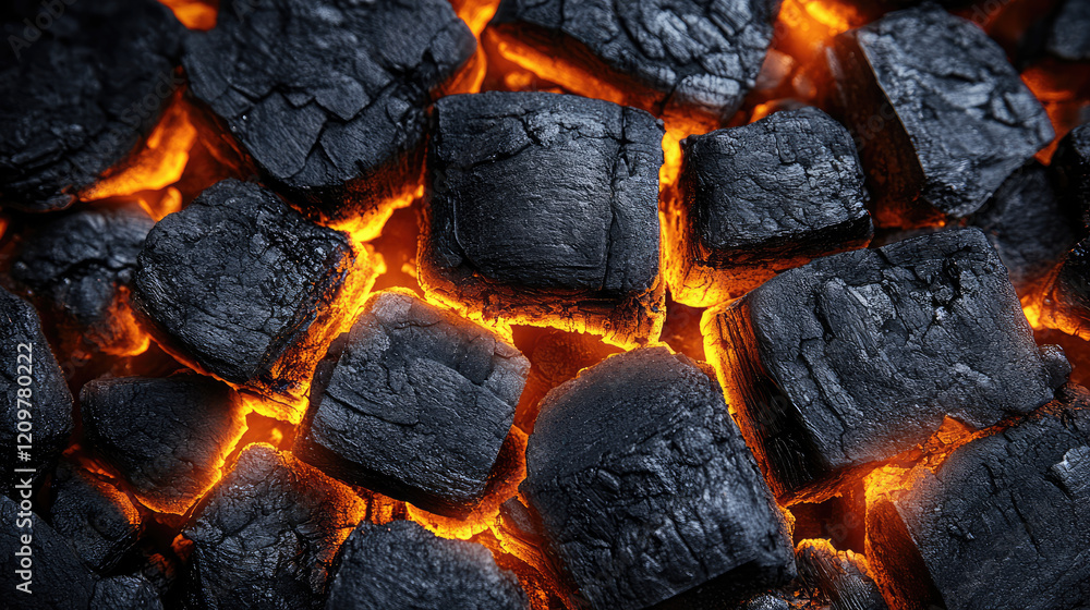 Hot coal pieces glowing in dark background, creating warm and intense atmosphere. texture and color contrast highlight natural beauty of coal Hot coal pieces glowing in dark background, creating warm and intense atmosphere. texture and color contrast highlight natural beauty of coal