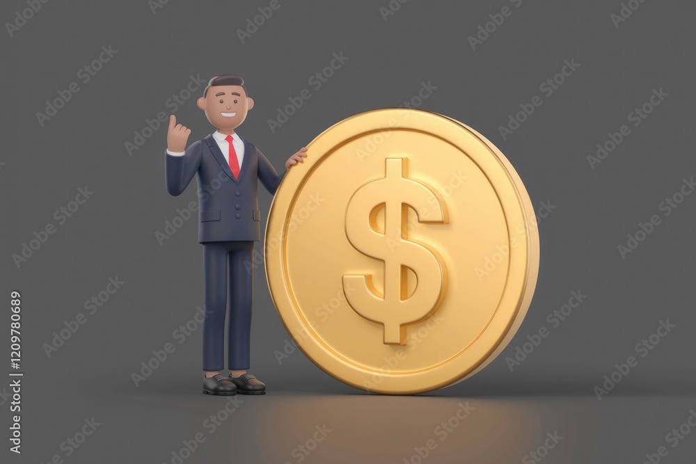 A 3D cartoon businessman proudly presents a large golden dollar coin, symbolizing financial success and wealth. A 3D cartoon businessman proudly presents a large golden dollar coin, symbolizing financial success and wealth.