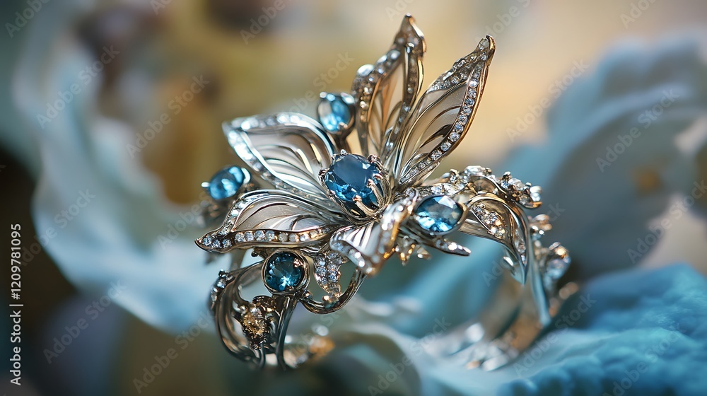 Fototapeta premium Elegant Silver Ring with Blue Gemstone and Floral Design