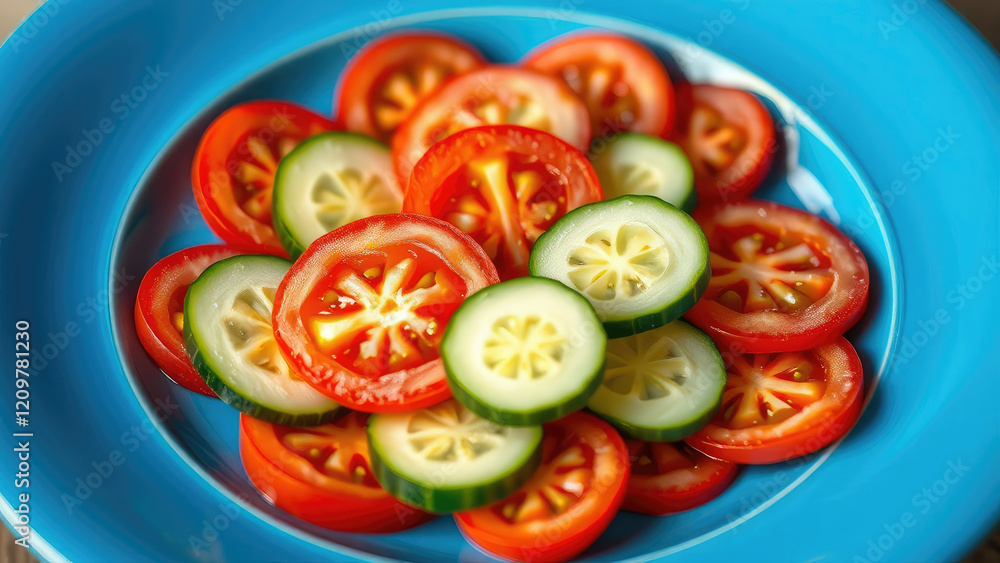 Fresh Tomato and Cucumber Salad on a Blue Plate, cucumber slices, salad bowl Fresh Tomato and Cucumber Salad on a Blue Plate, cucumber slices, salad bowl