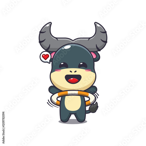 buffalo mascot cartoon character vector illustration playing hula hoop.
