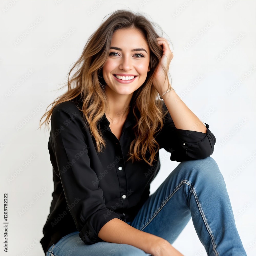 Smiling Young Woman in Black Shirt and Jeans Sitting on Light Background
Smiling Young Woman in Black Shirt and Jeans Sitting on Light Background