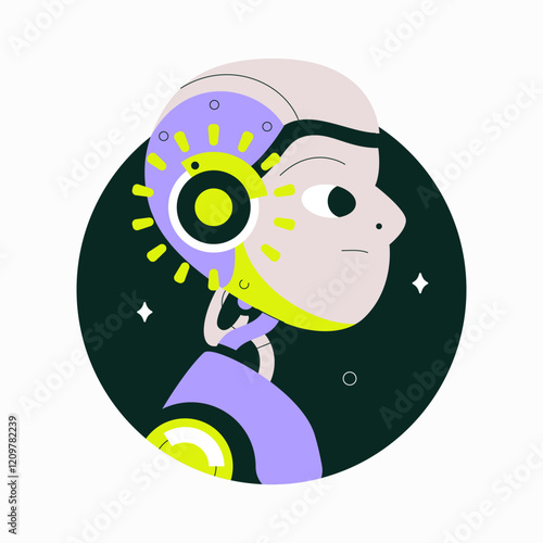 Robot Profile With Gears And Lights In Flat Vector Illustration Symbolizing Technology, Innovation, And Artificial Intelligence, Isolated On White Background.