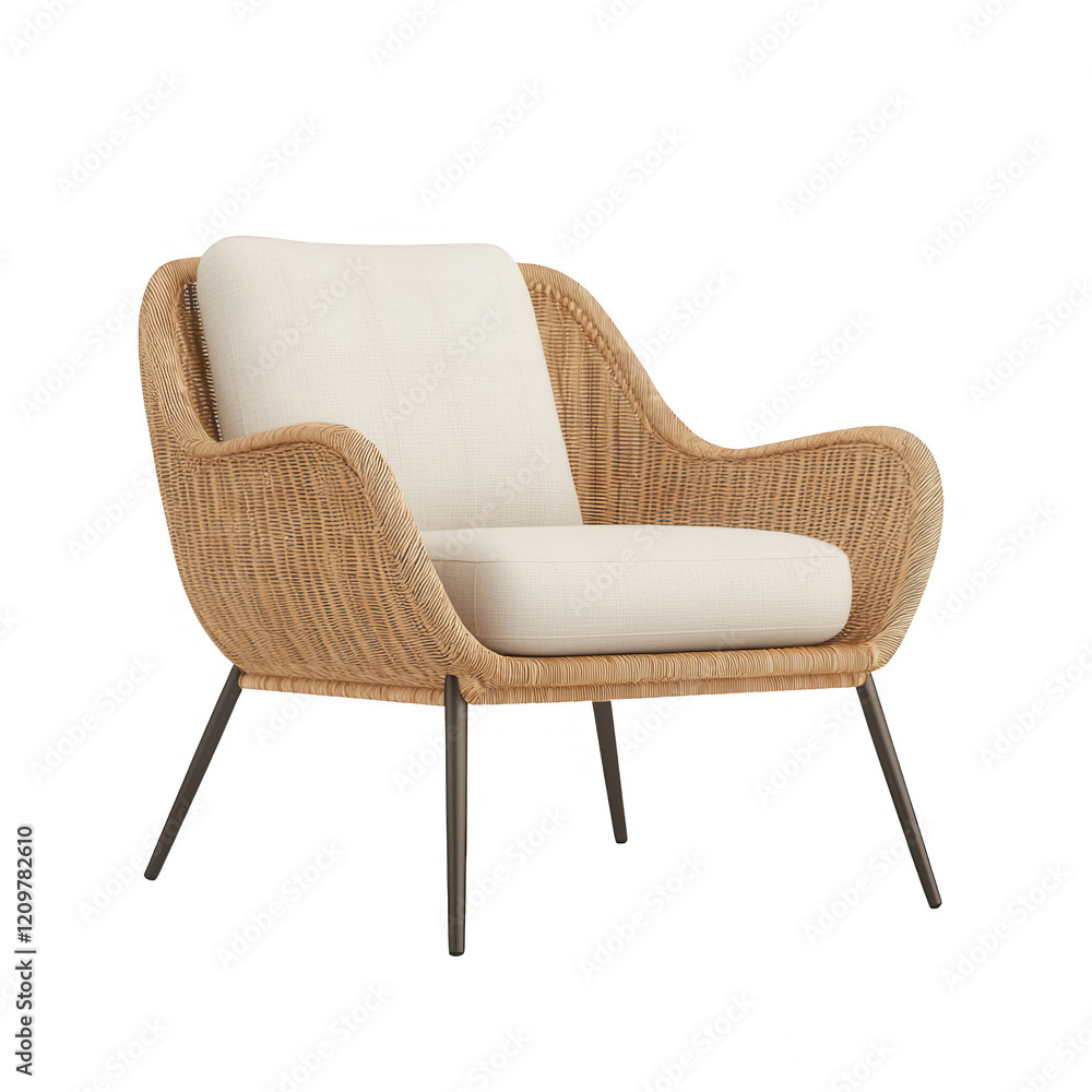 Stylish rattan armchair with beige cushion, perfect for modern living spaces. Stylish rattan armchair with beige cushion, perfect for modern living spaces.