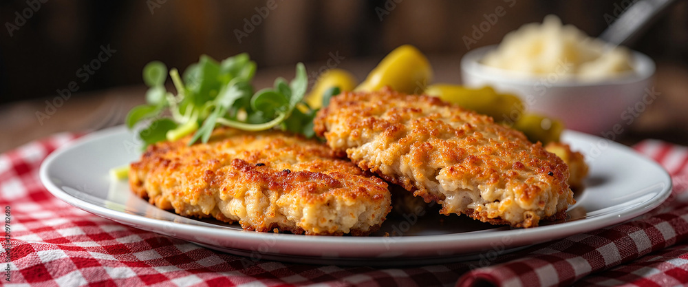 Delicious kotlet schabowy plated with mashed potatoes and pickles, comfort food Delicious kotlet schabowy plated with mashed potatoes and pickles, comfort food