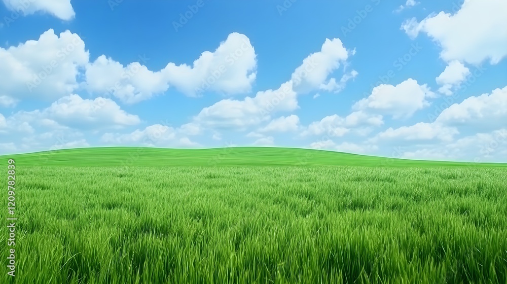 Vast Green Fields Stretching Under Bright Blue Sky with Clouds Vast Green Fields Stretching Under Bright Blue Sky with Clouds