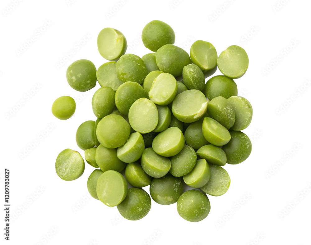 Fresh green split peas isolated on a white transparent background, high-resolution cutout, perfect for food packaging, recipe designs, or healthy eating concepts with detailed texture and natural colo