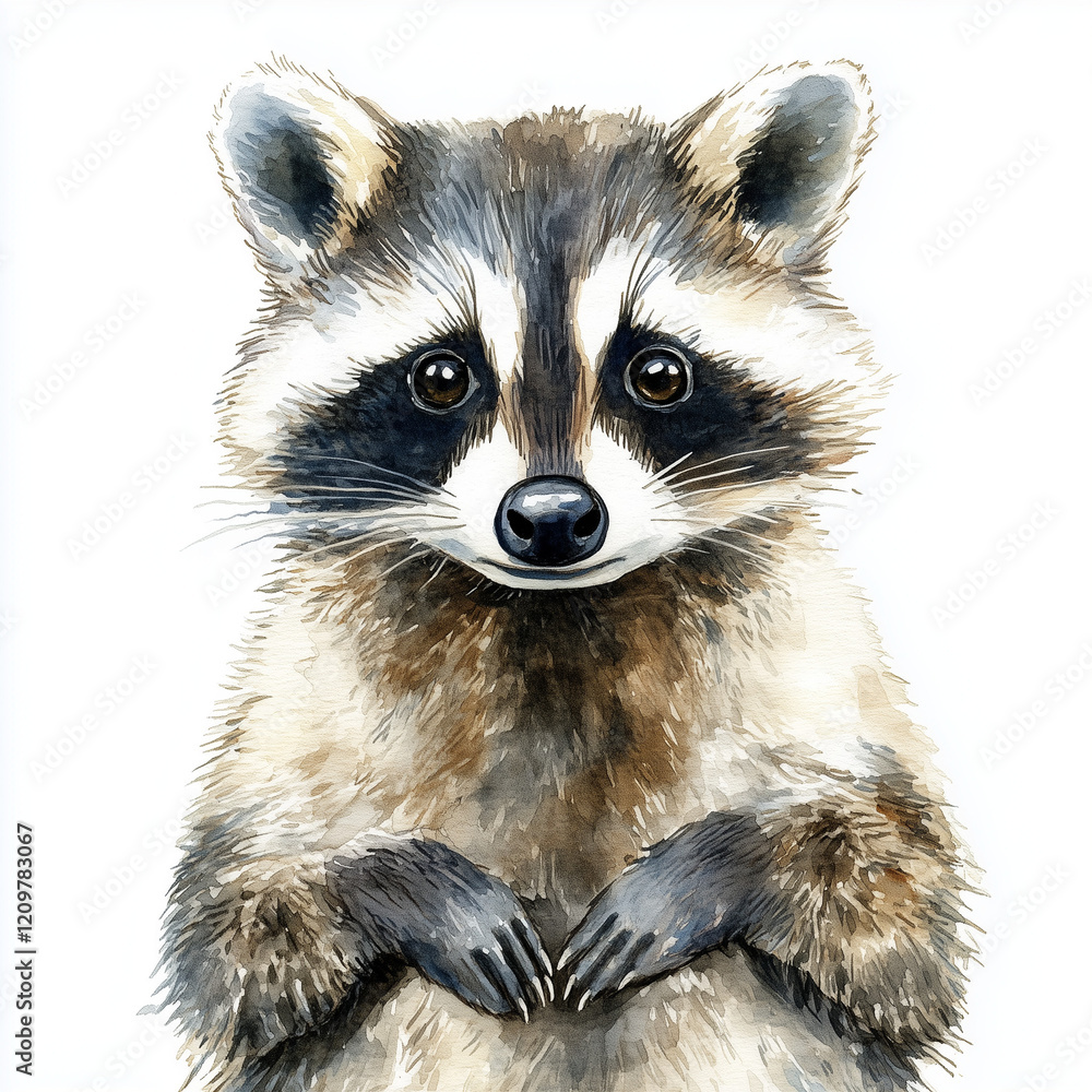 Obraz premium Illustration of the Northern Racoon, soft watercolor tones, white background, detailed illustration.